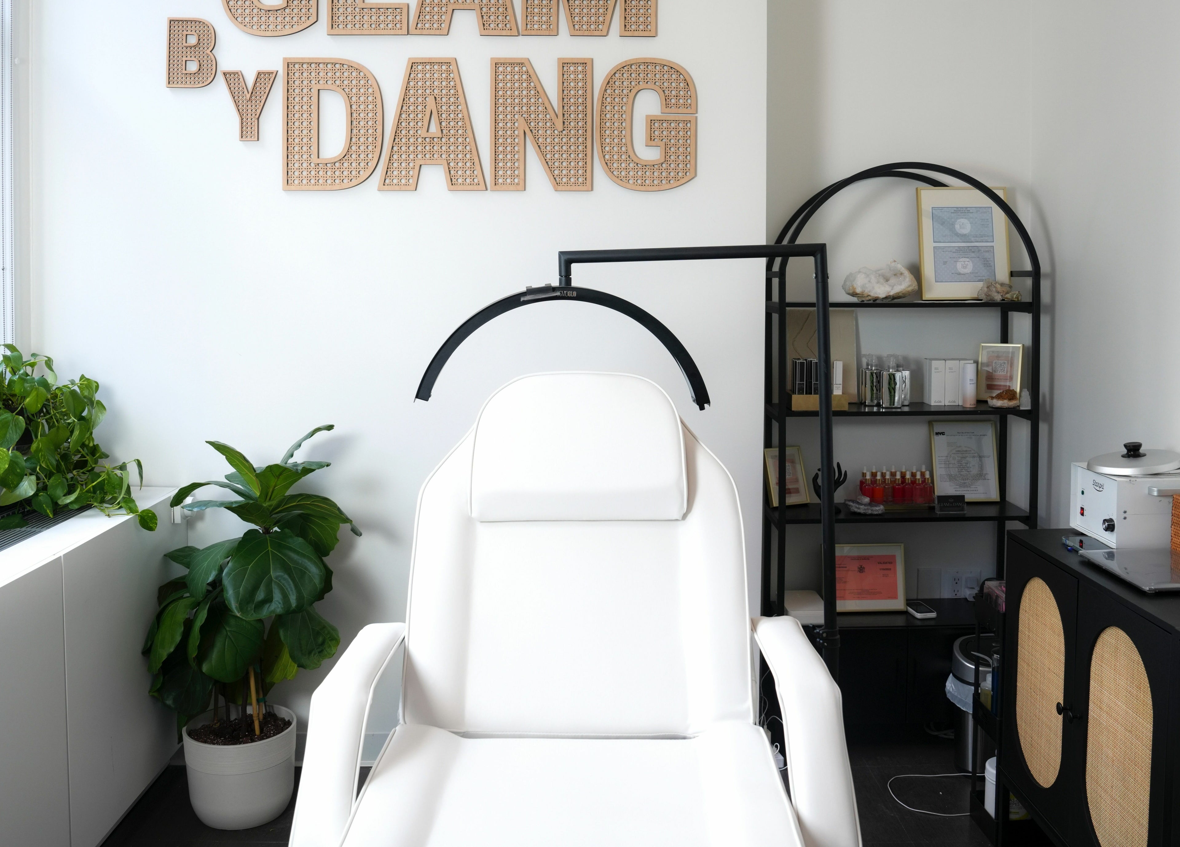 Glam by Dang spa room with a white chair, plants, and shelves in New York, New York, US.