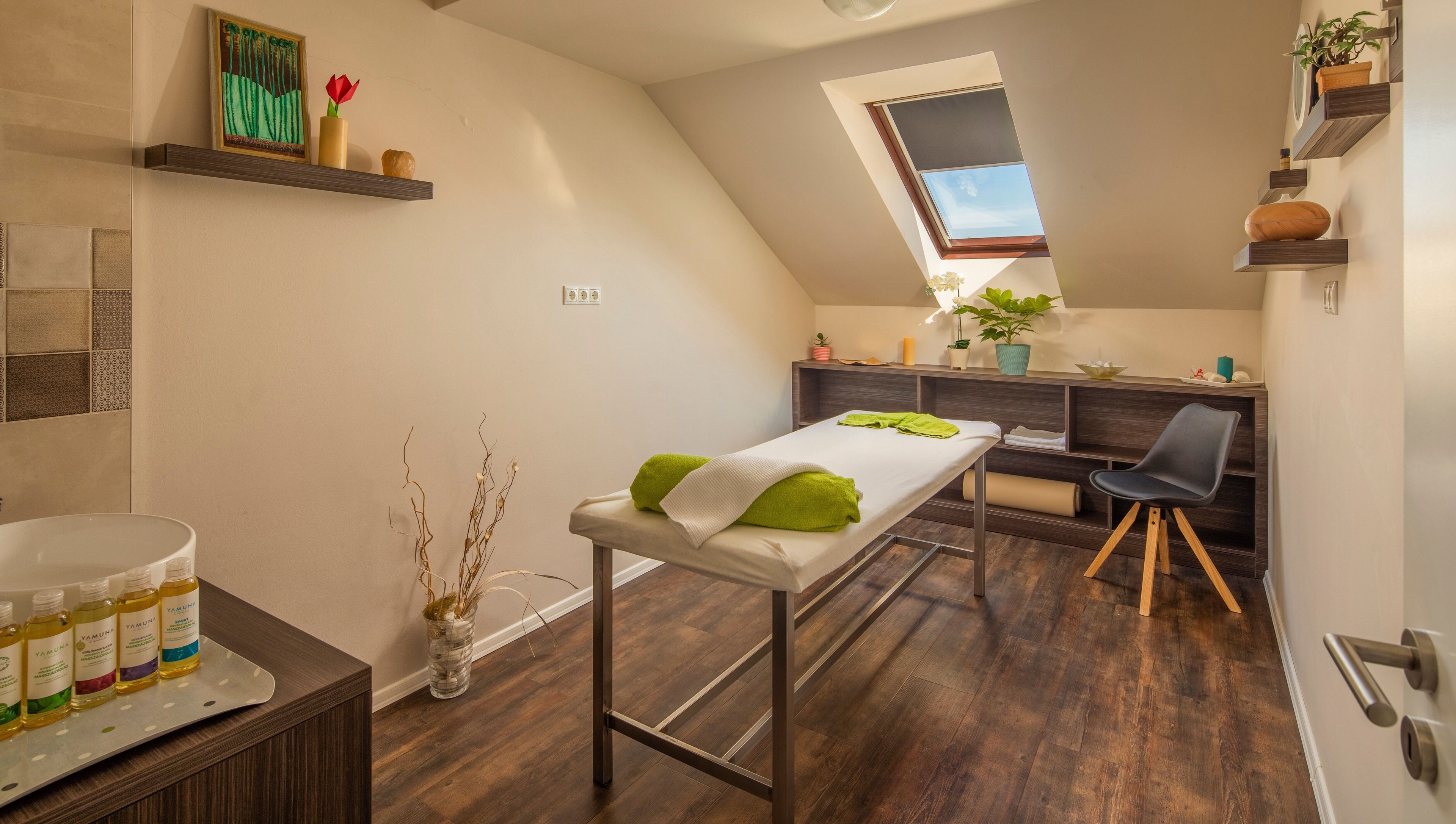 Kehida Termál, Kehidakustány, Zala megye, HU: Modern spa szoba relaxáló kezelőasztallal és növényekkel.