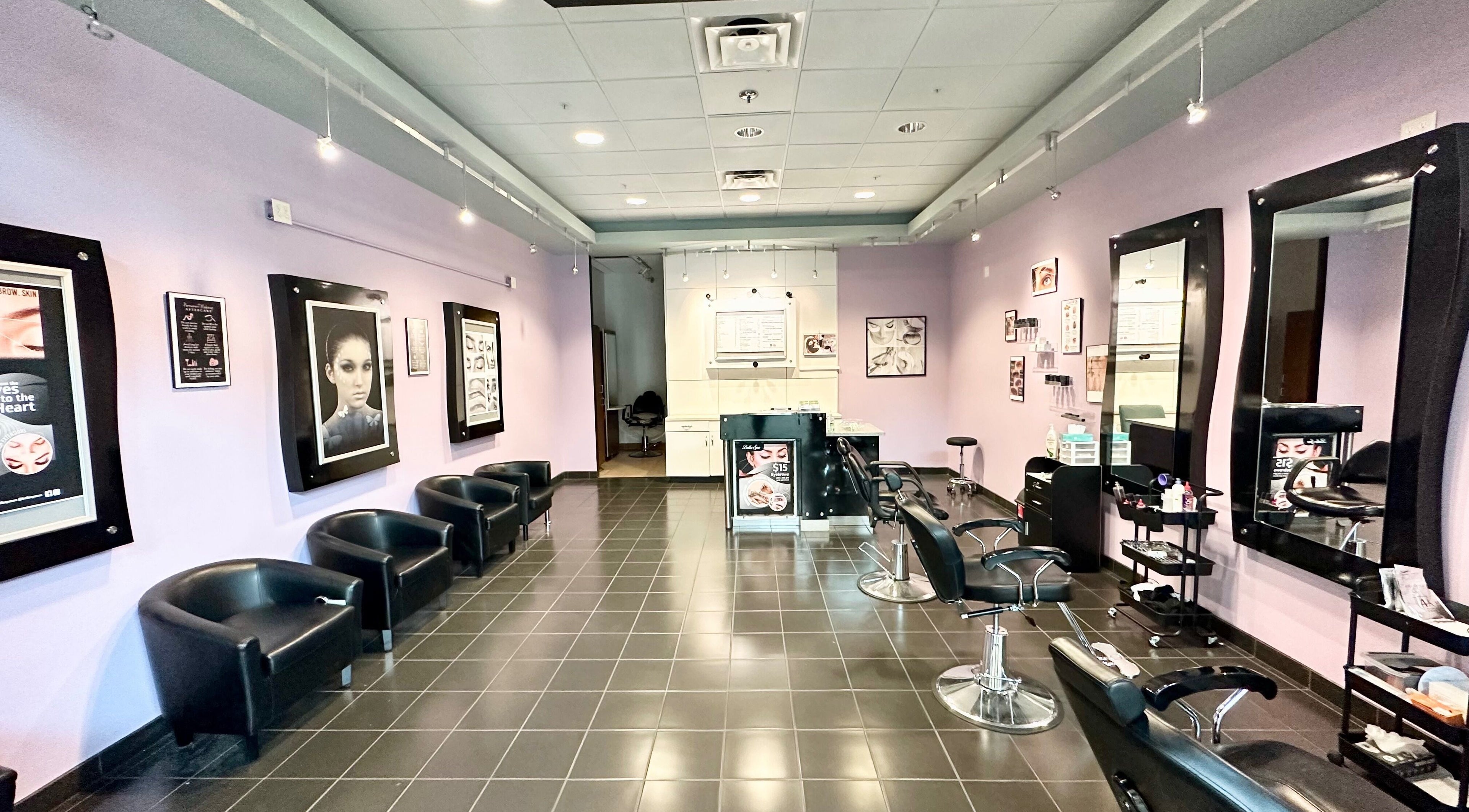 Elegant salon interior at Bella Spa Indiana Mishawaka with sleek seating and modern decor, Mishawaka, Indiana, US.