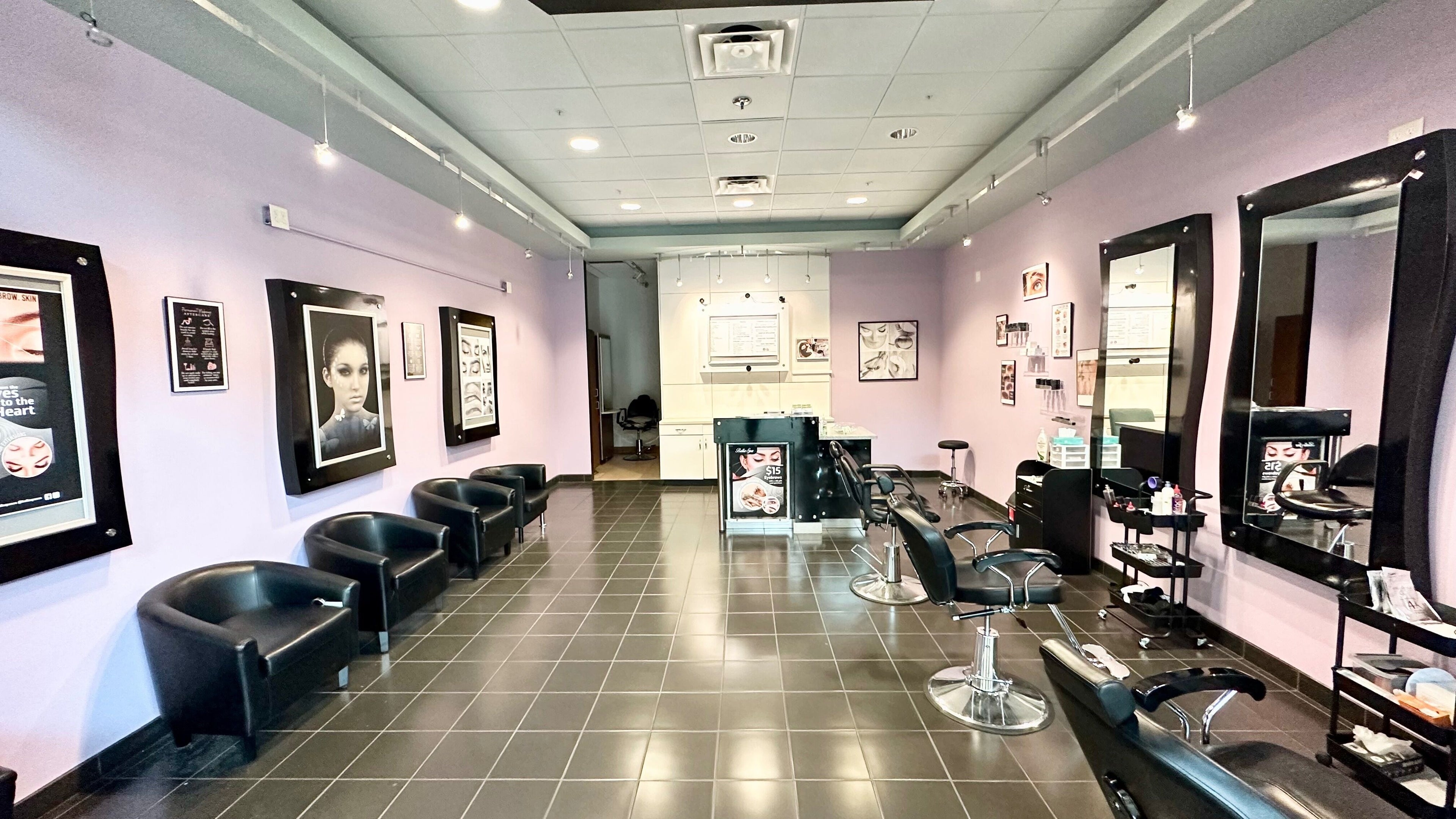 Elegant salon interior at Bella Spa Indiana Mishawaka with sleek seating and modern decor, Mishawaka, Indiana, US.