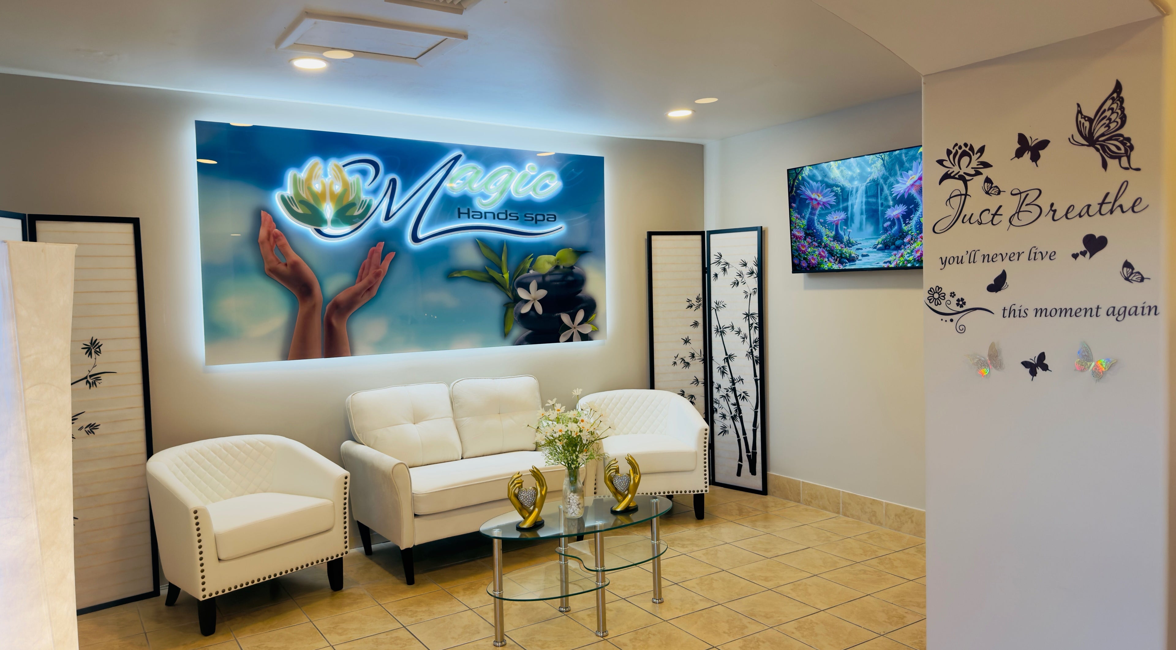 Relaxing reception area at Magic Hands Spa III in Fort Myers, Florida, US with elegant decor.