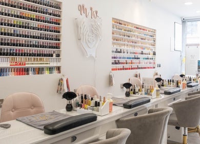Vibrant nail polish selection at MW Nails and Beauty Salon in London, England, GB.