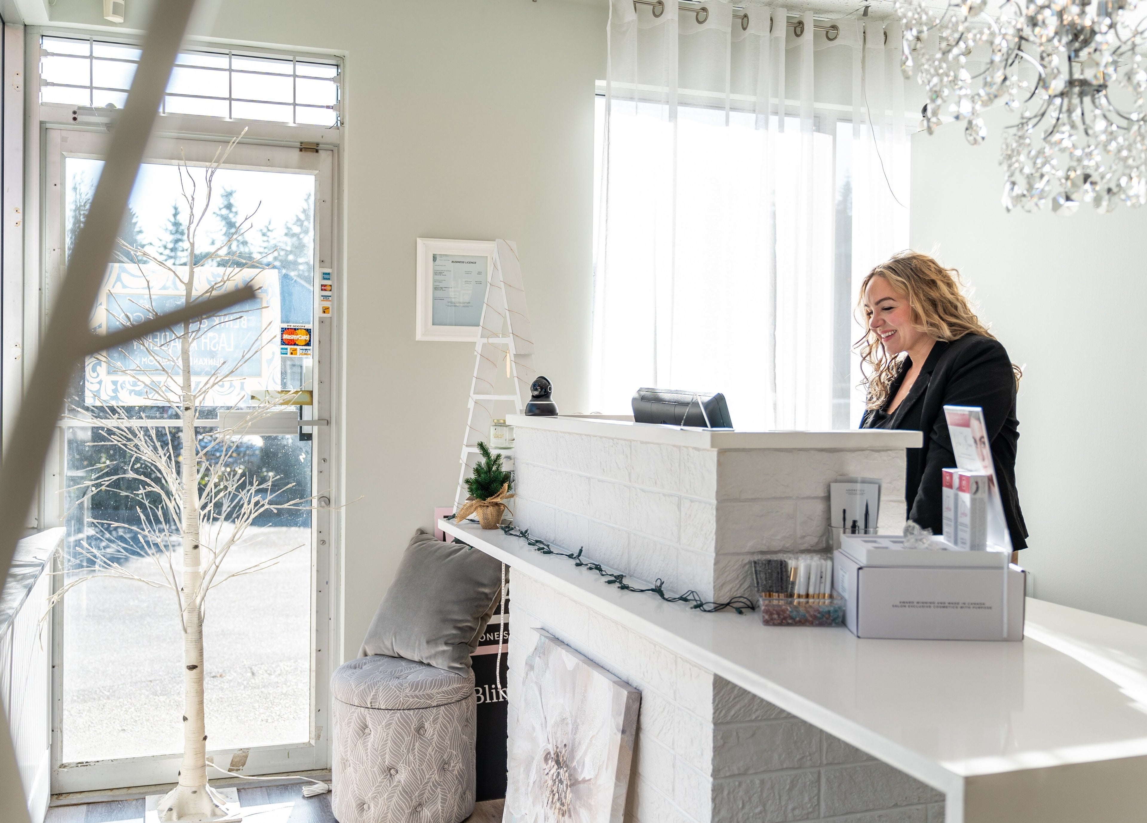Bright reception area at Blink & Brow Co. BROOKSWOOD in Langley Township, British Columbia, CA.