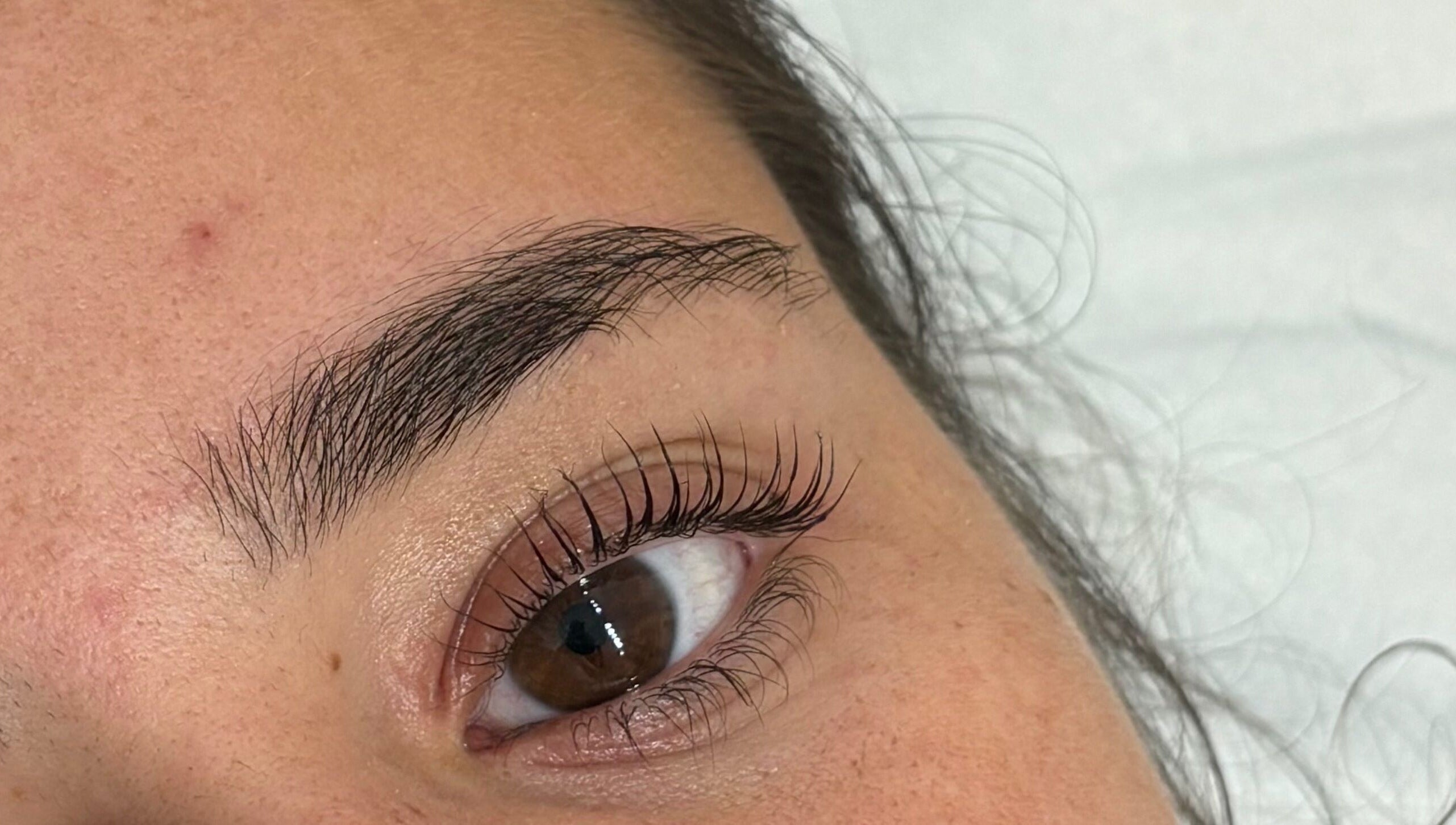 Close-up of perfectly styled eyelashes at Megs Beauty Bar, Little Lever, England, GB.