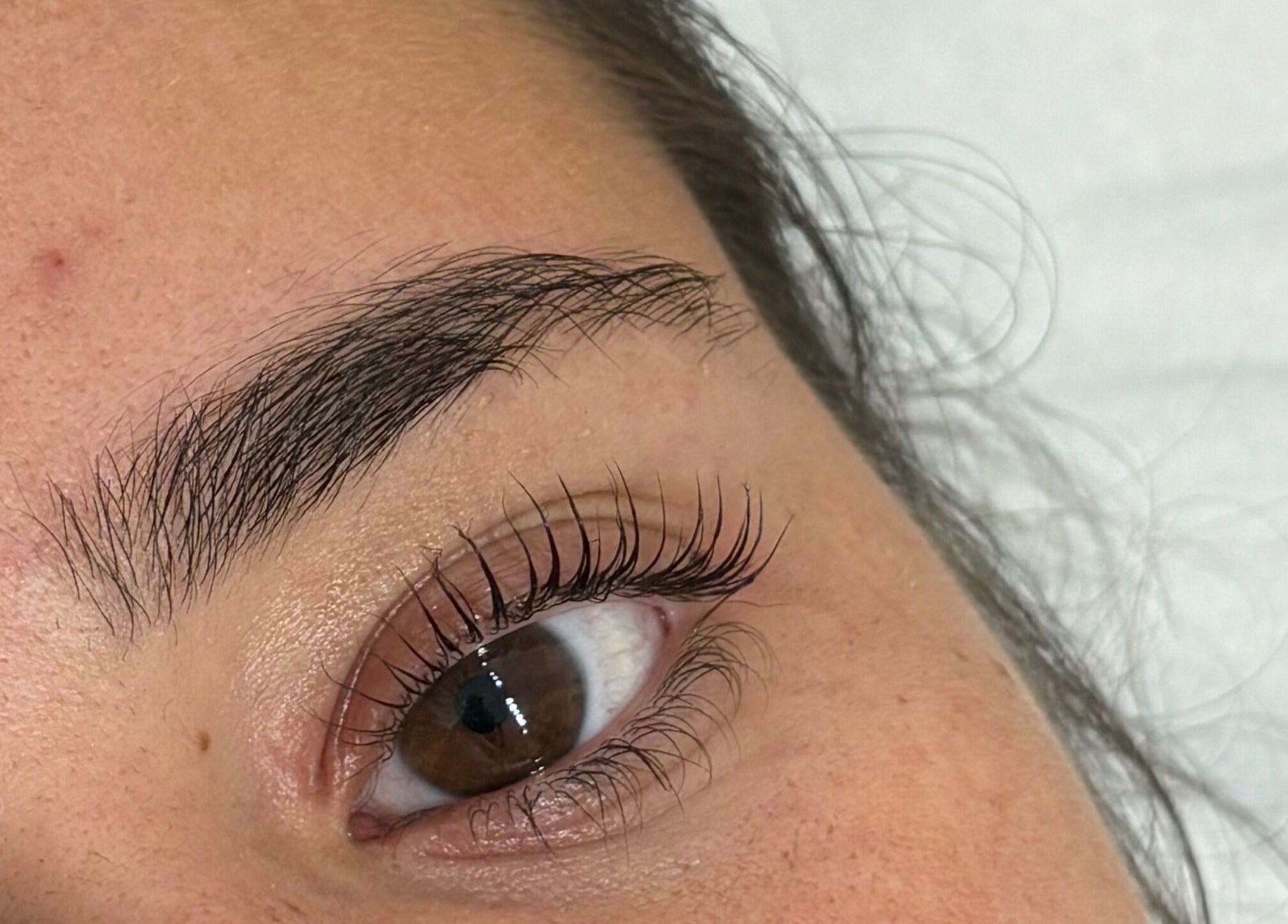Close-up of perfectly styled eyelashes at Megs Beauty Bar, Little Lever, England, GB.