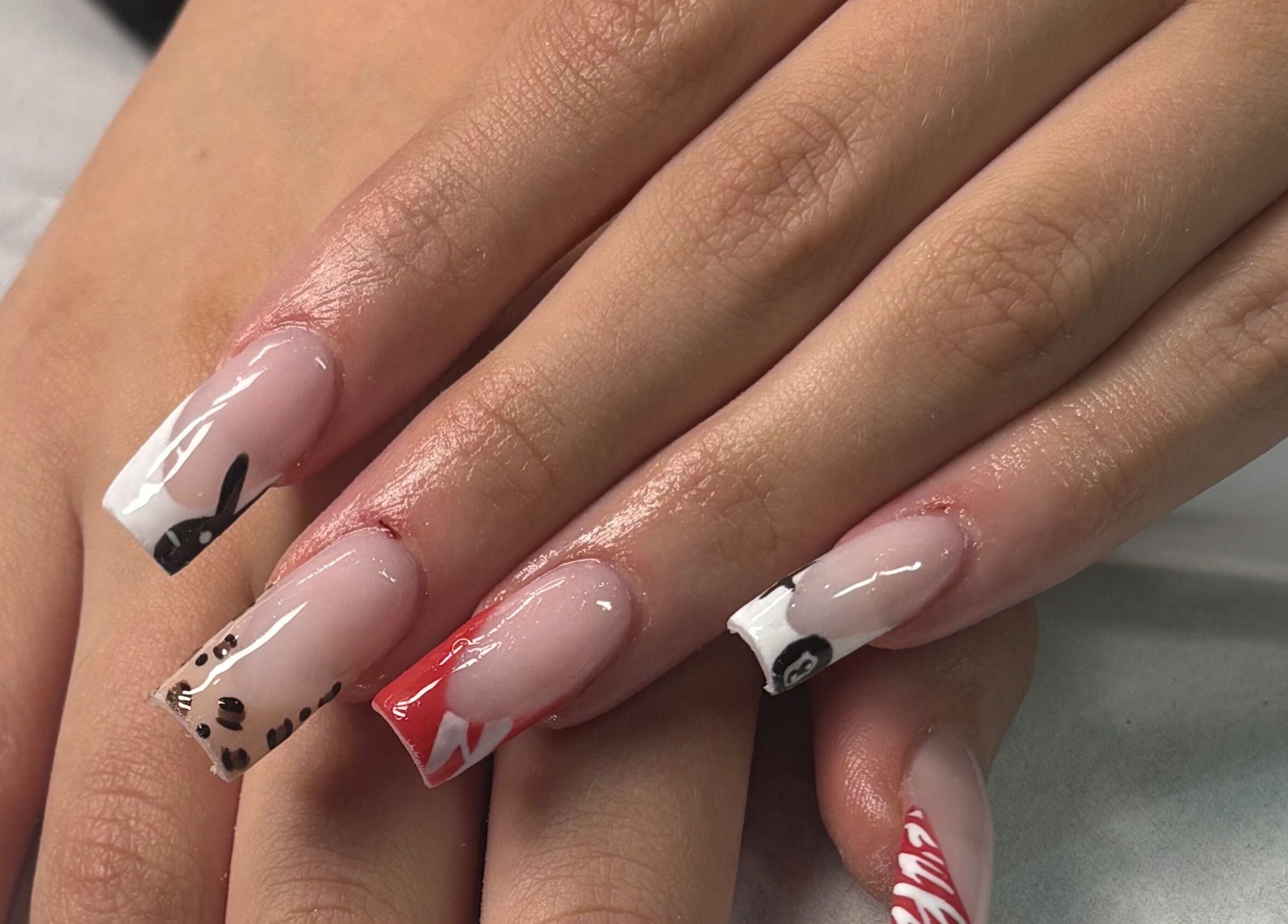 Elegant nail art design at Megs Beauty Bar, Little Lever, England, GB, showcasing creative manicure styles.