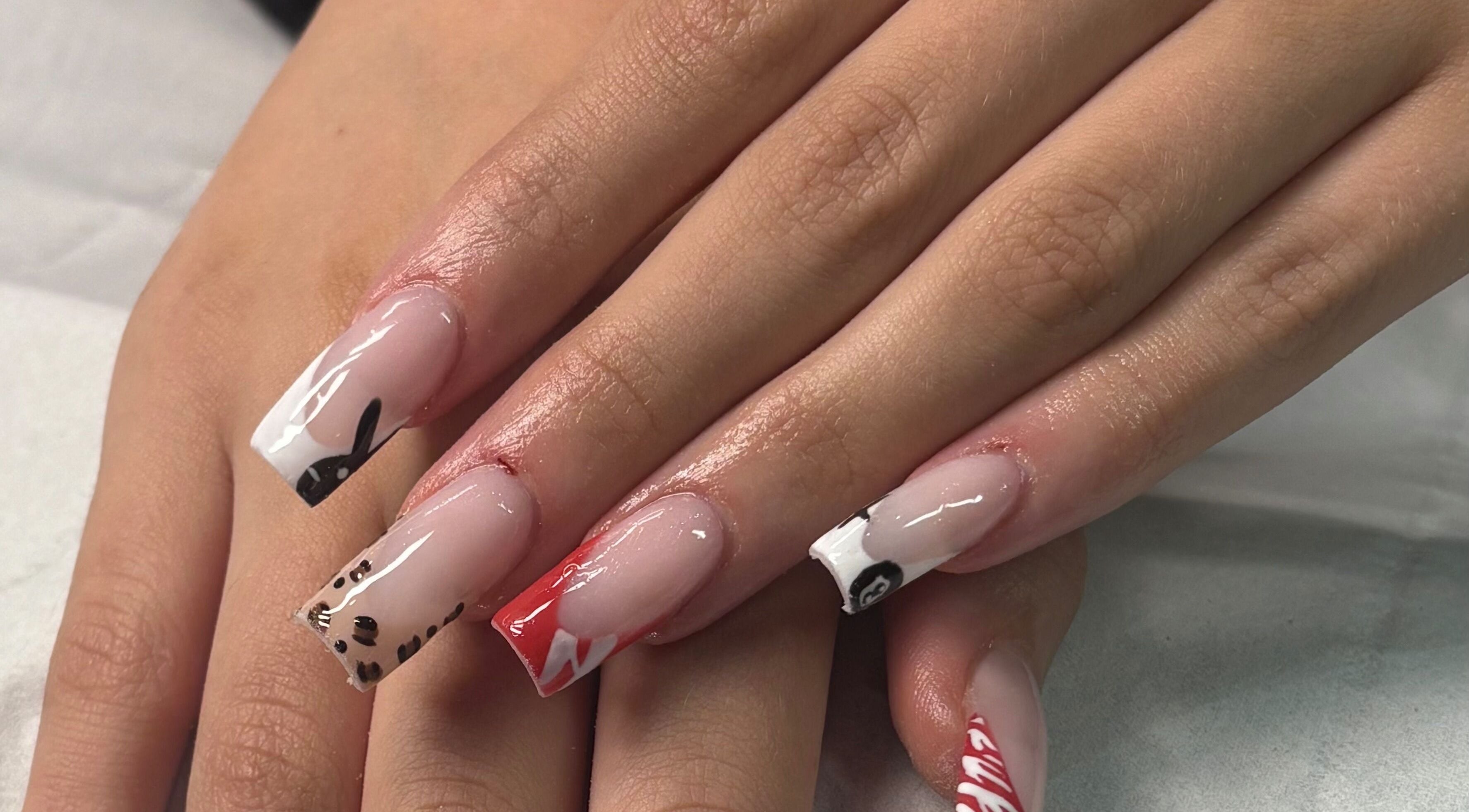 Elegant nail art design at Megs Beauty Bar, Little Lever, England, GB, showcasing creative manicure styles.