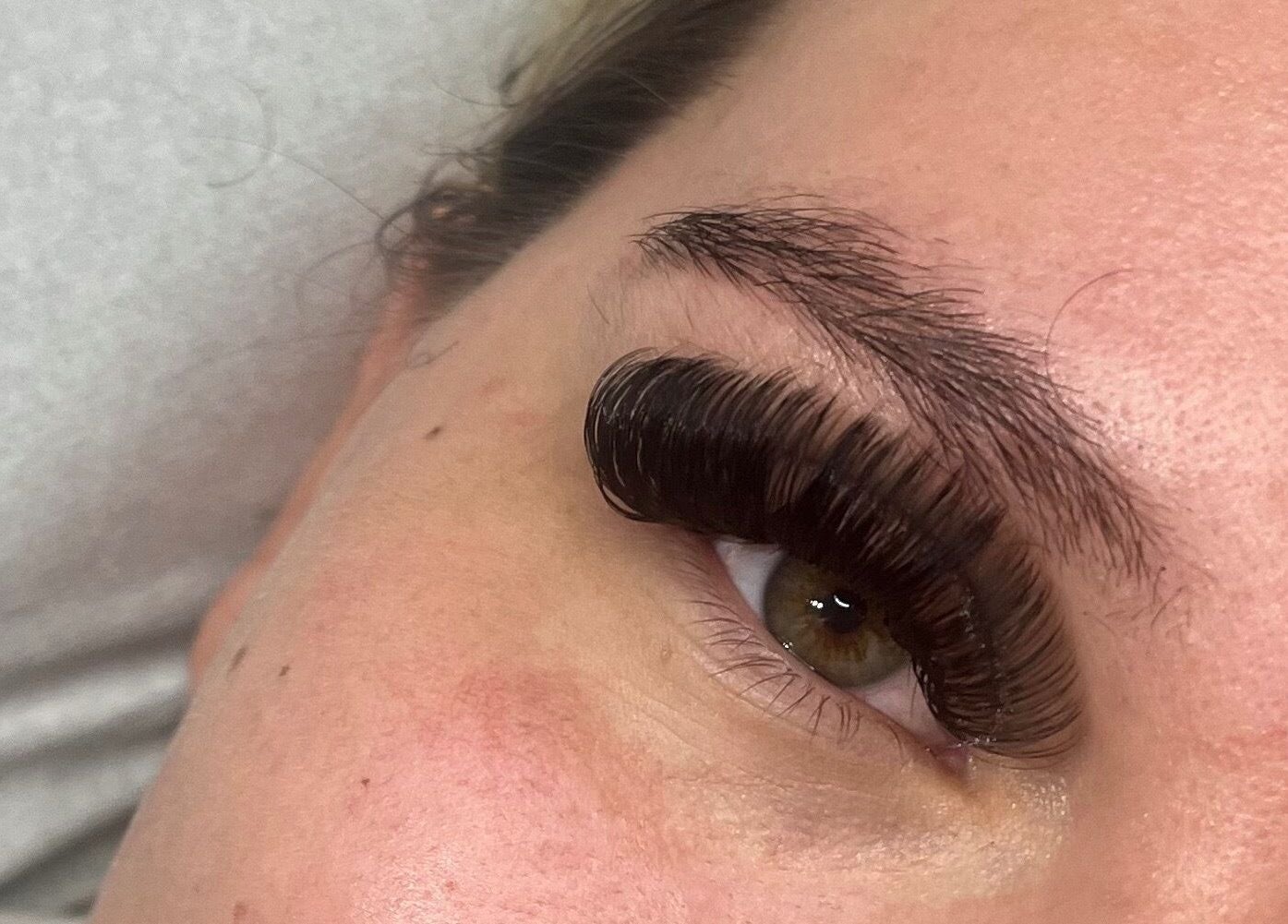 Close-up of expertly done eyelash extensions at Megs Beauty Bar, Little Lever, England, GB.