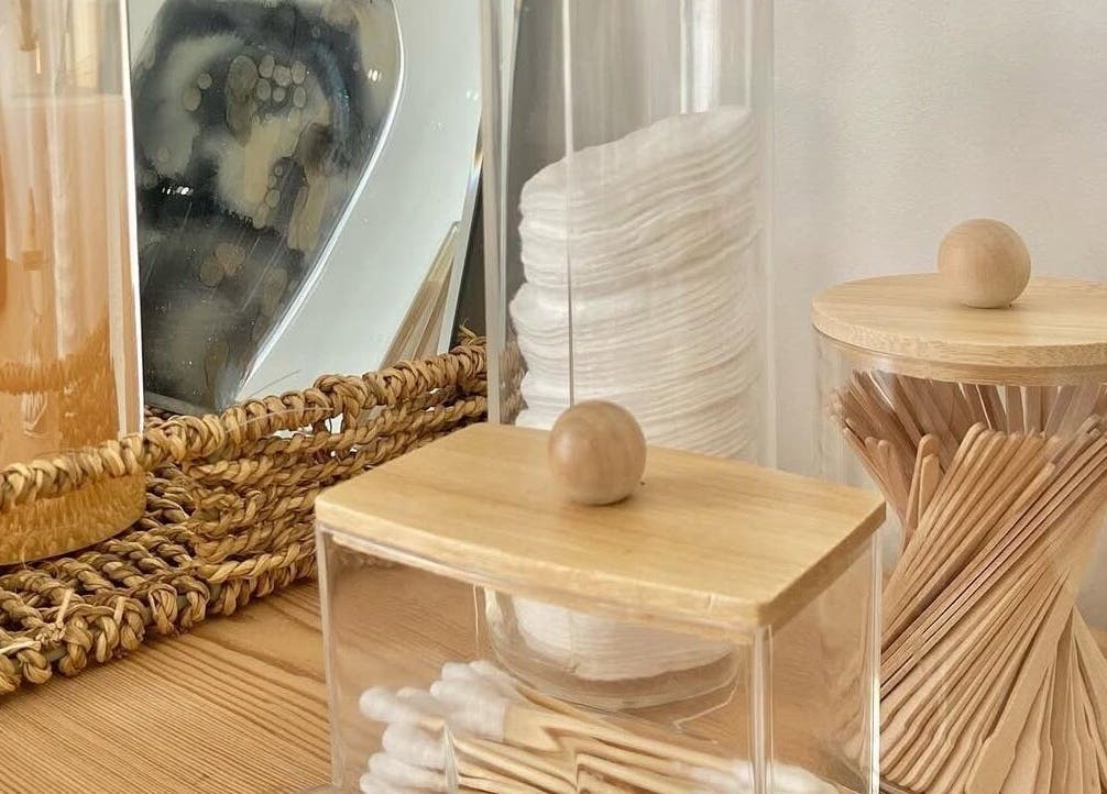 Elegant display of beauty essentials at SW Beauty, Stoke-on-Trent, England, GB with cotton pads and swabs.