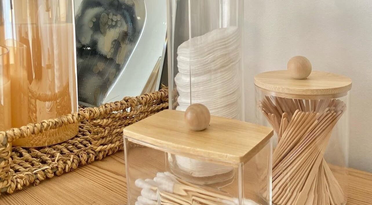 Elegant display of beauty essentials at SW Beauty, Stoke-on-Trent, England, GB with cotton pads and swabs.