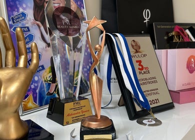 Award display at Extraordinary Beauty Skills by Aleksandra Yaneva, Northwood, England, GB.