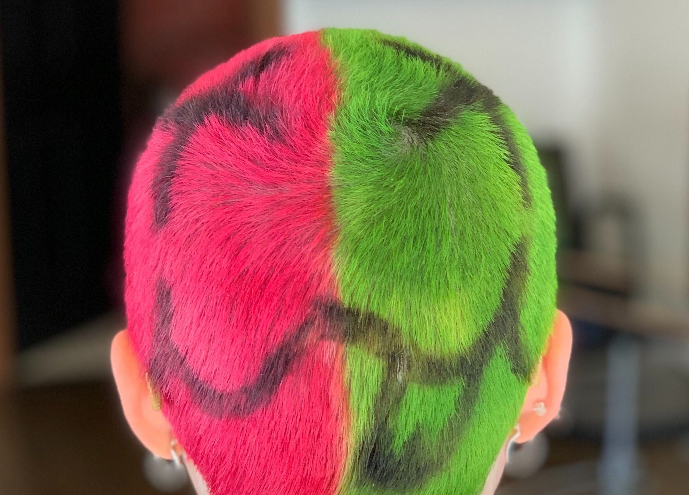 Vibrant red and green split hair design at David James | Marin, San Rafael, California, US.