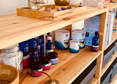 Holistic products display at Balanced & Blissed - The Retreat, Whitfield, England, GB enhancing wellness.