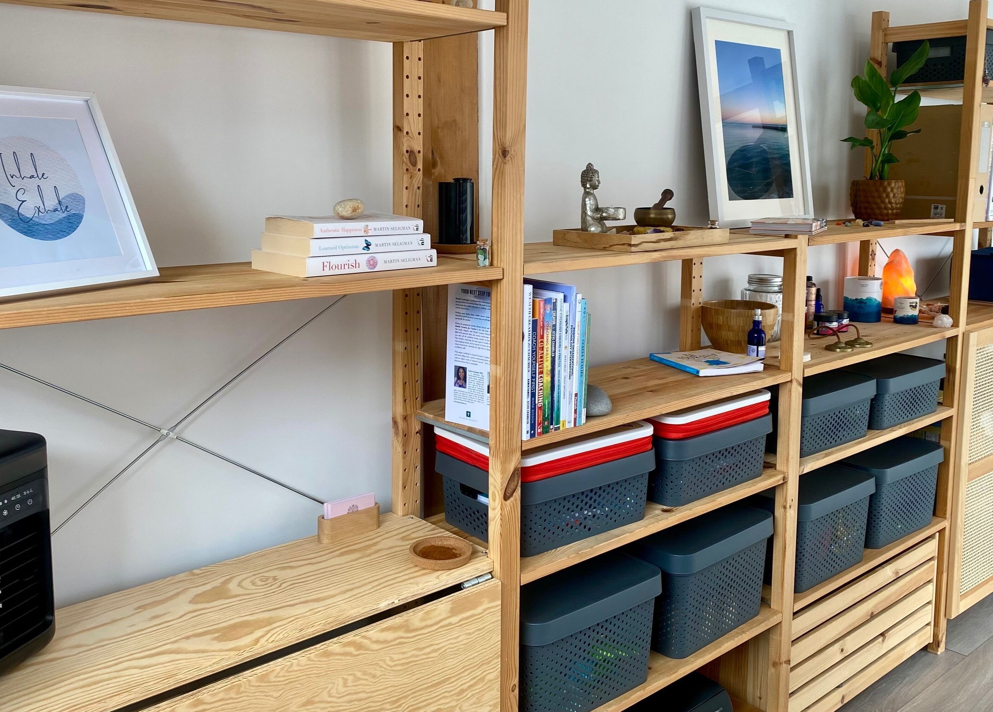Wooden shelves with books and decor at Balanced & Blissed - The Retreat, Whitfield, England, GB.