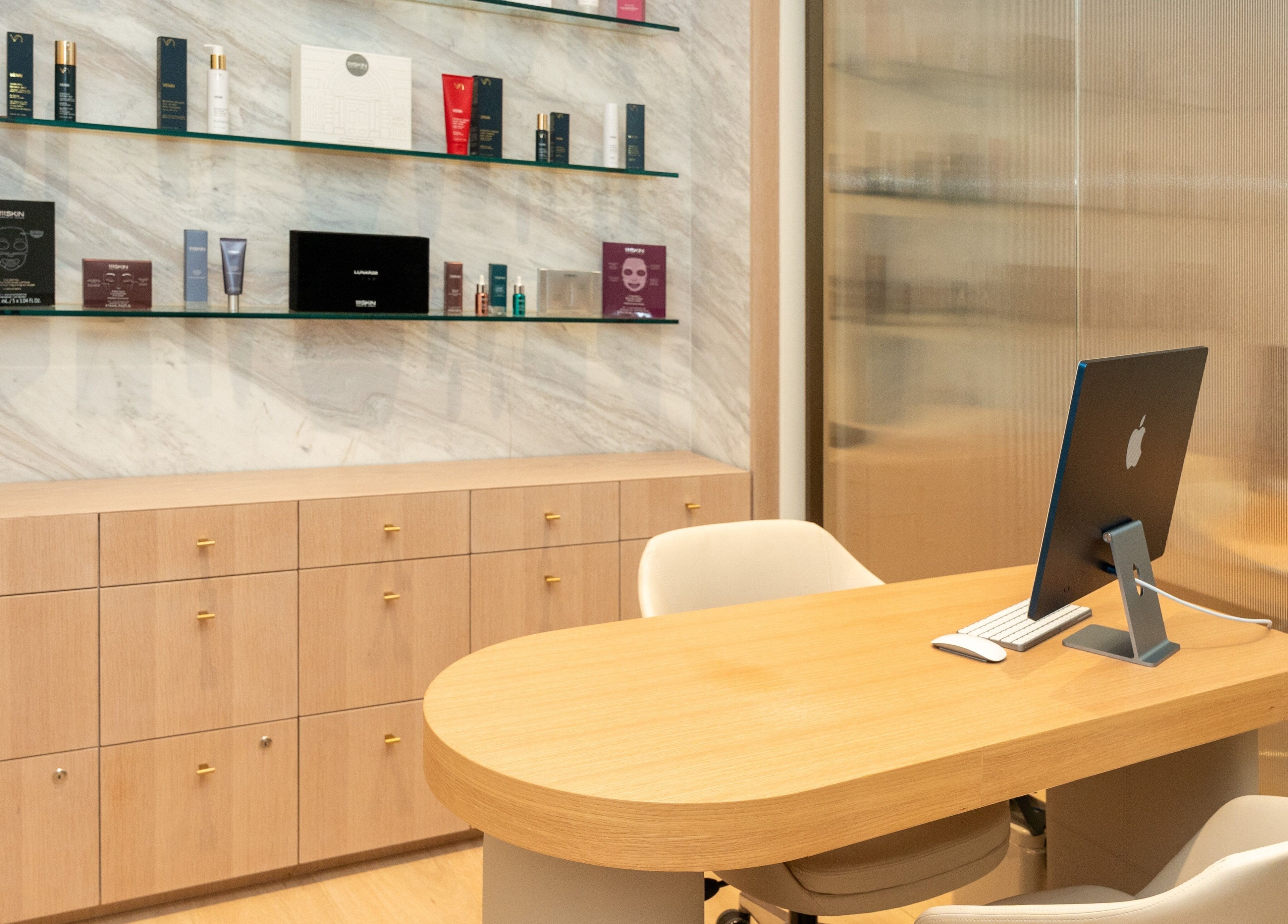 Elegant workspace at Pemberley Springs SPA EDEN, Toronto, Ontario, CA showcasing beauty product display.