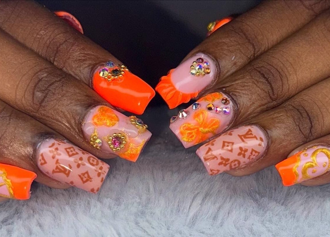 Stunning orange and gold nail art at Lux Beauty Studio x Nae, Holetown, Saint James, BB.