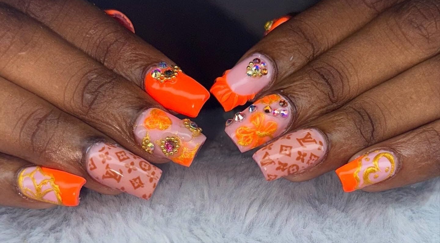 Stunning orange and gold nail art at Lux Beauty Studio x Nae, Holetown, Saint James, BB.