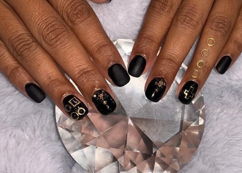 Stylish black and gold nail art at Lux Beauty Studio x Nae, Holetown, Saint James, BB.