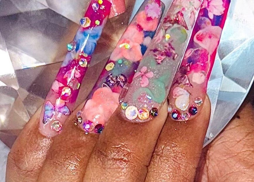 Colorful floral nail art with gems at Lux Beauty Studio x Nae, Holetown, Saint James, BB.