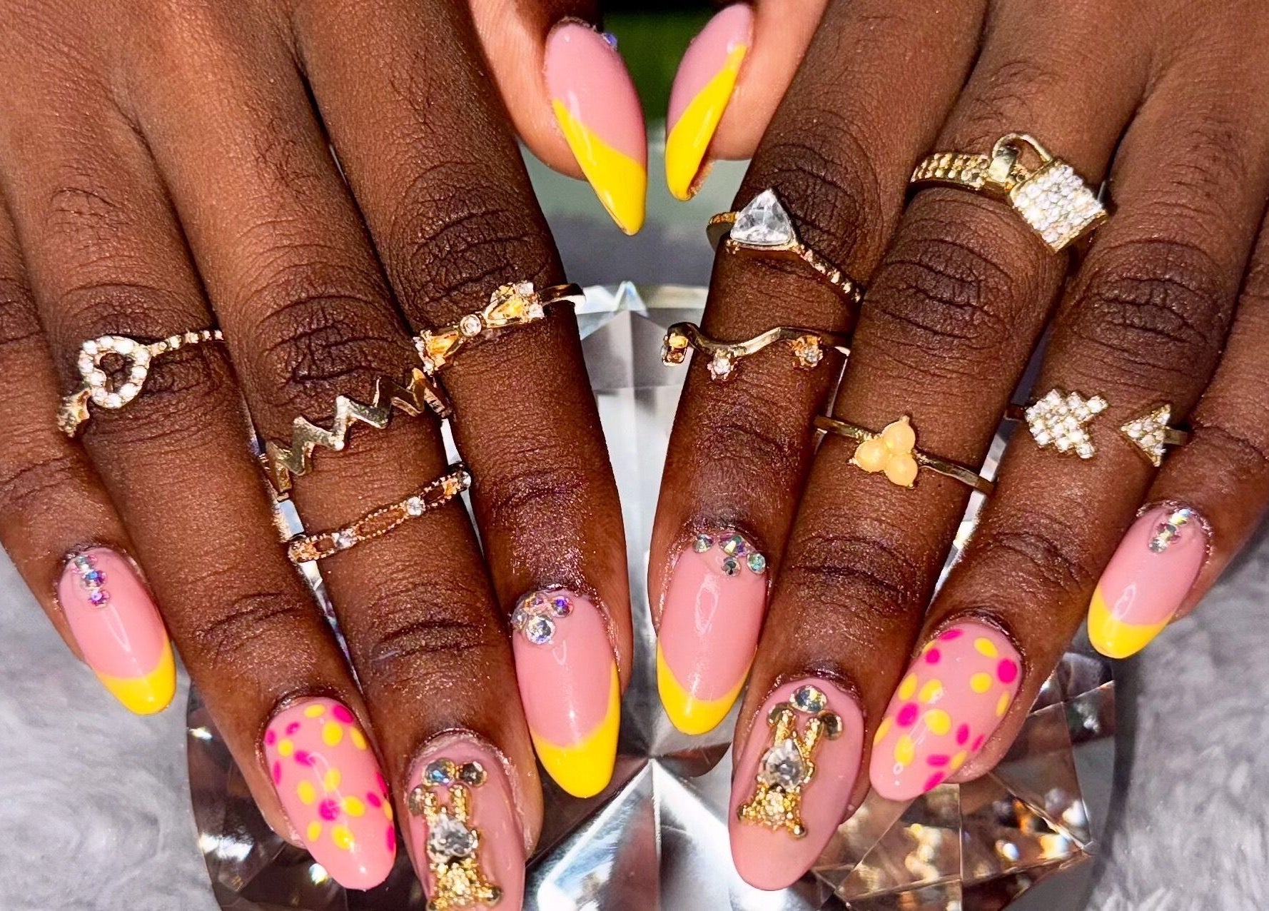 Colorful nail art with jewels and rings at Lux Beauty Studio x Nae, Holetown, Saint James, BB.