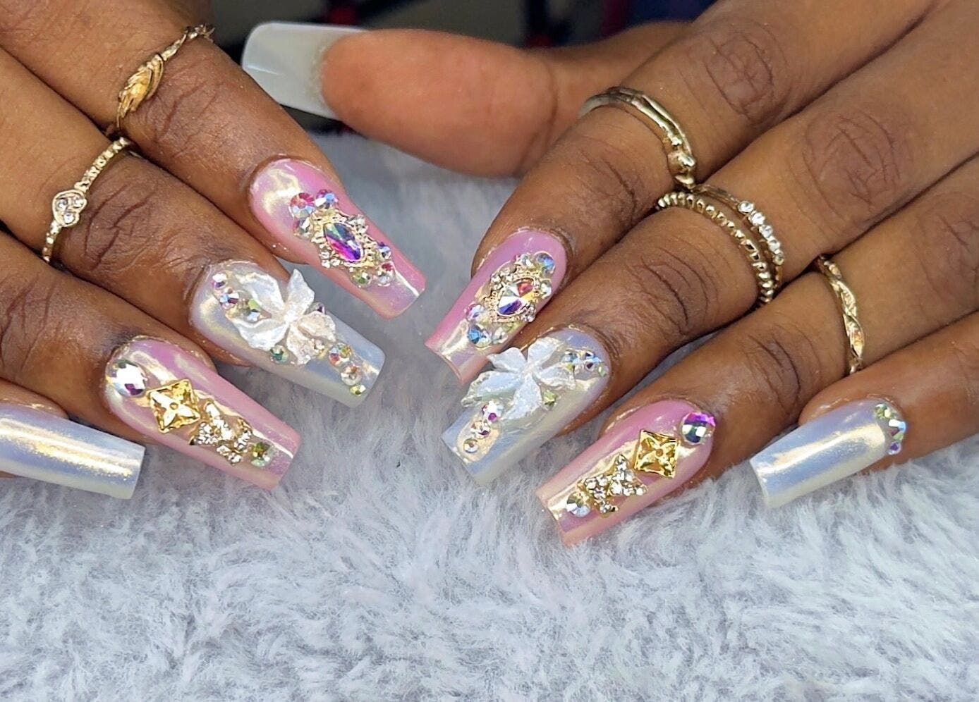 Intricate nail art with rhinestones at Lux Beauty Studio x Nae, Holetown, Saint James, BB.