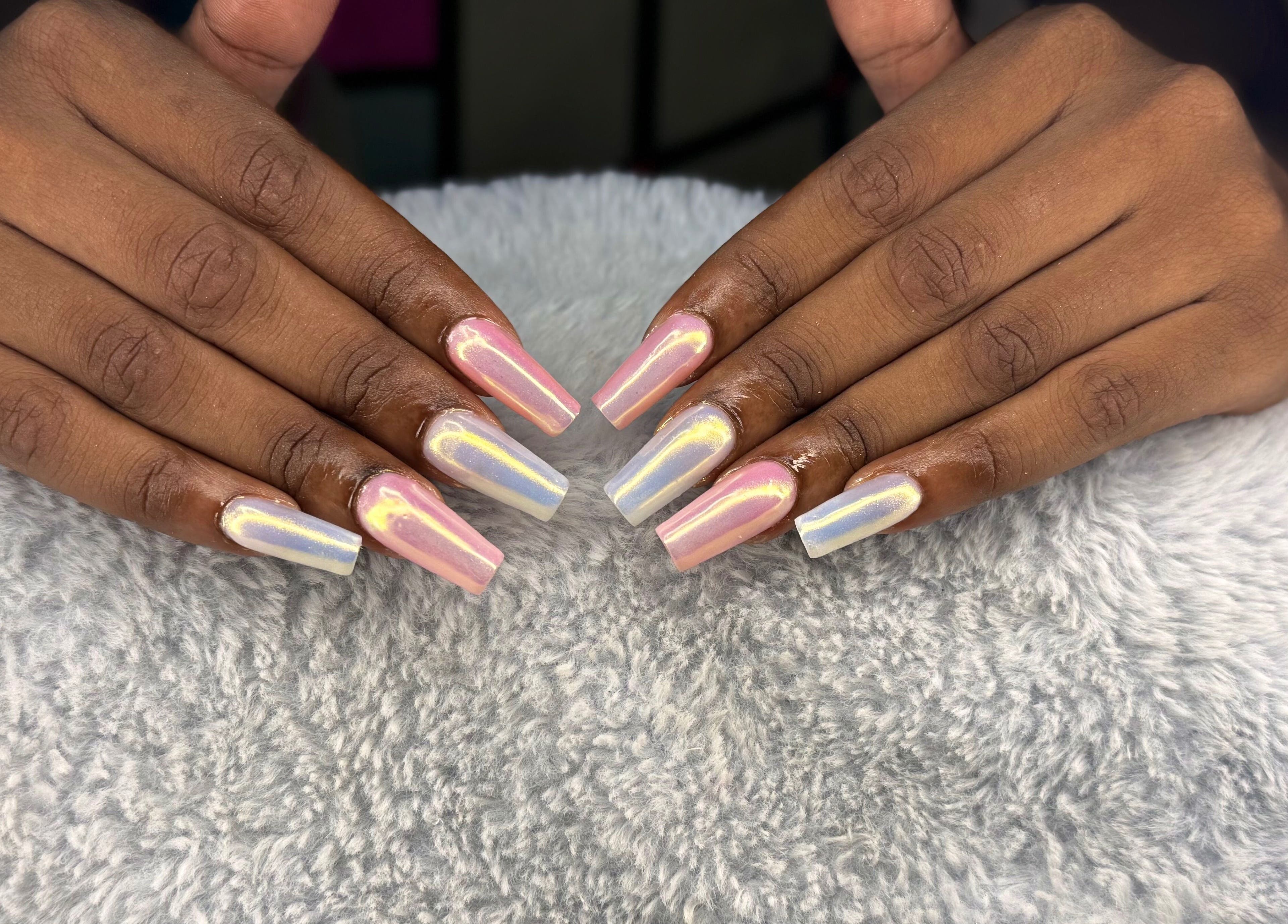 Stylish iridescent nails manicure at Lux Beauty Studio x Nae in Holetown, Saint James, BB.