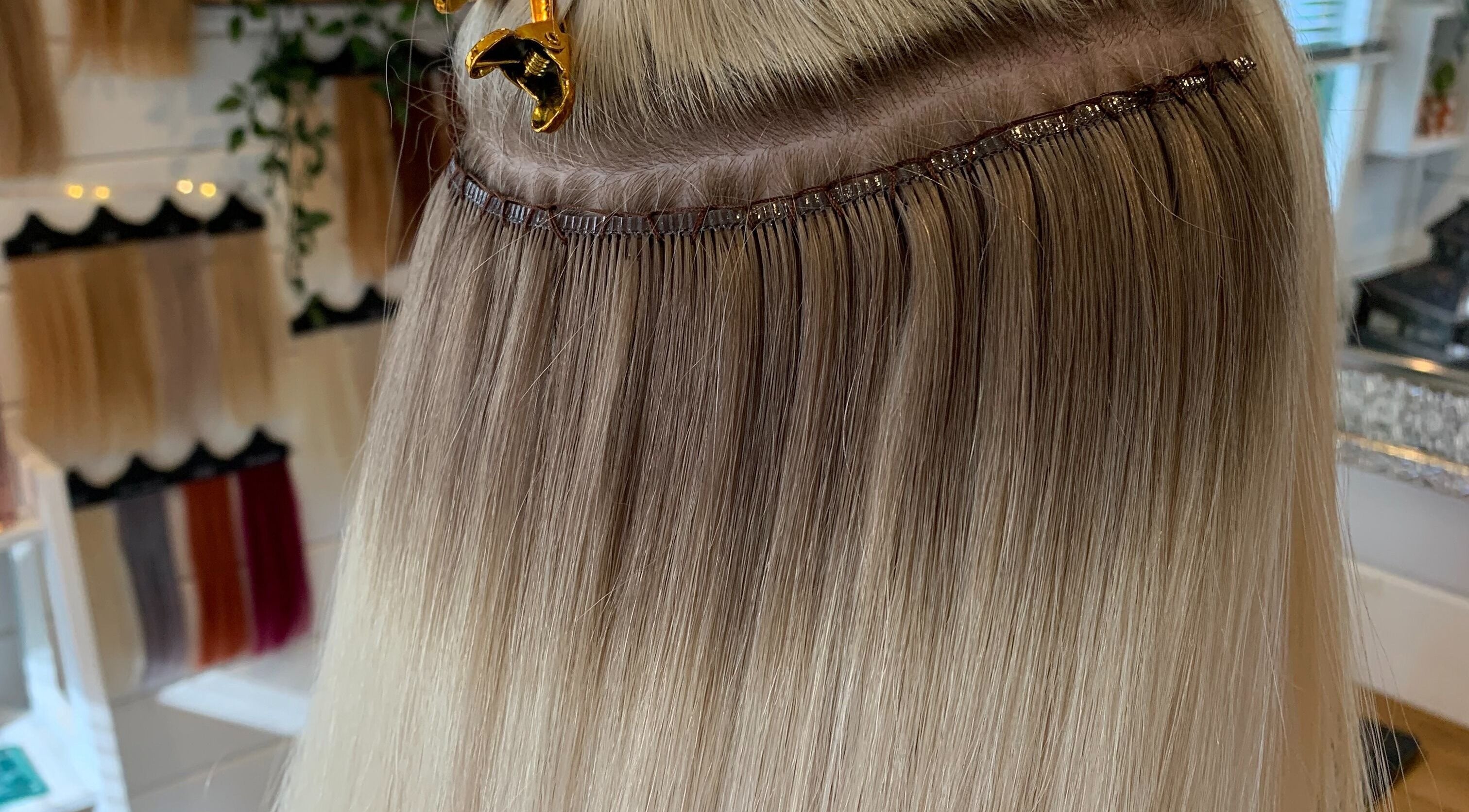 Close-up of hair extensions at Loxy Locks Hair Extensions, Belper, England, GB showcasing expert blending.