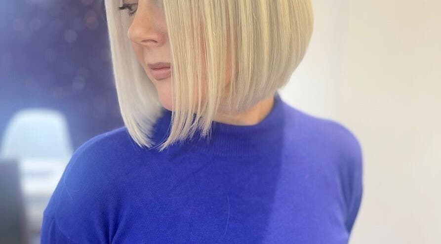 Stylish blonde bob haircut by Kerry Miller Hair in Cove Bay, Scotland, GB.