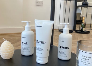 Bare Beauty product showcase with candles and skincare in Bournemouth, England, GB.
