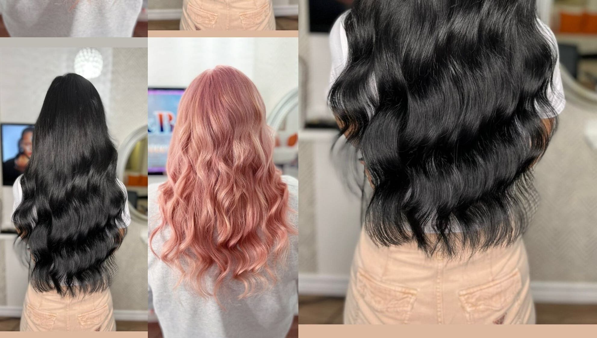 Extensions élégantes chez Vivi Extension à Mirabel, Québec, CA, affichant des cheveux noirs et rose ondulés.