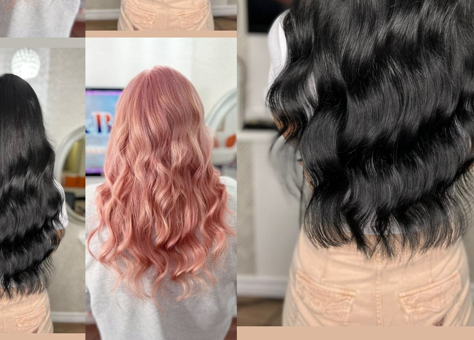 Coiffures élégantes chez Vivi Extension, Mirabel, Québec, CA avec cheveux ondulés noirs et roses.