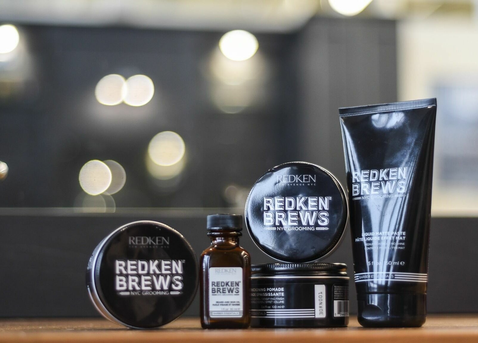 Redken Brews products elegantly arranged at Gould Barbers Mansfield, showcasing quality grooming in Mansfield, England, GB.