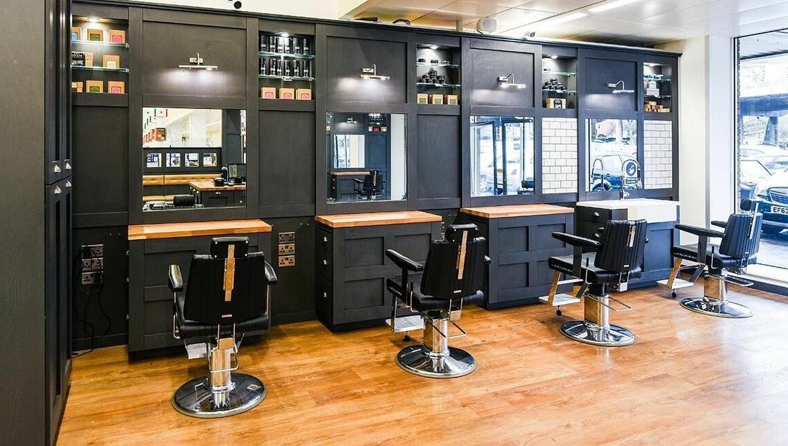 Modern hair cutting stations at Gould Barbers Basildon (Pitsea), located in Basildon, England, GB.
