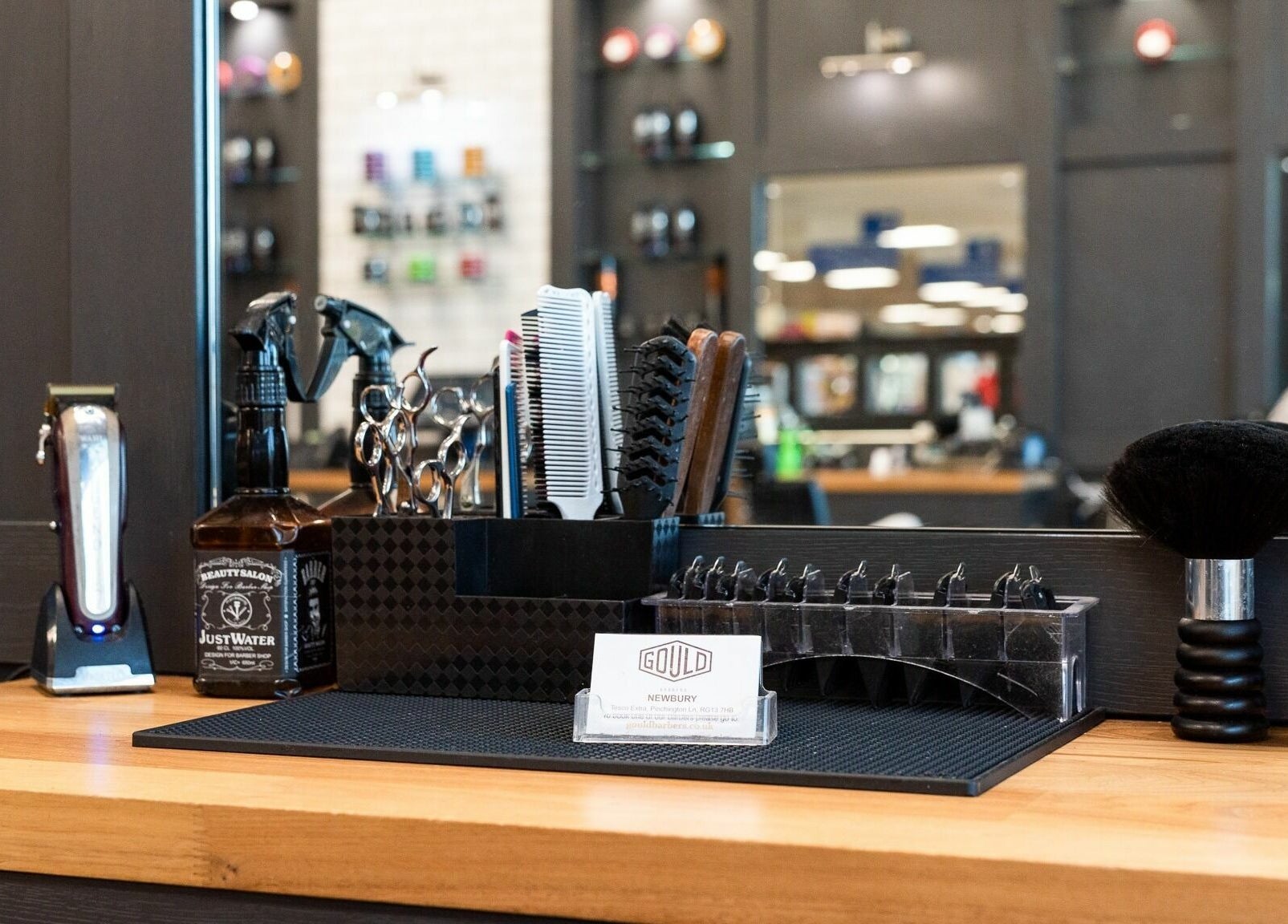 Gould Barbers Newbury counter with tools in Newbury, England, GB.