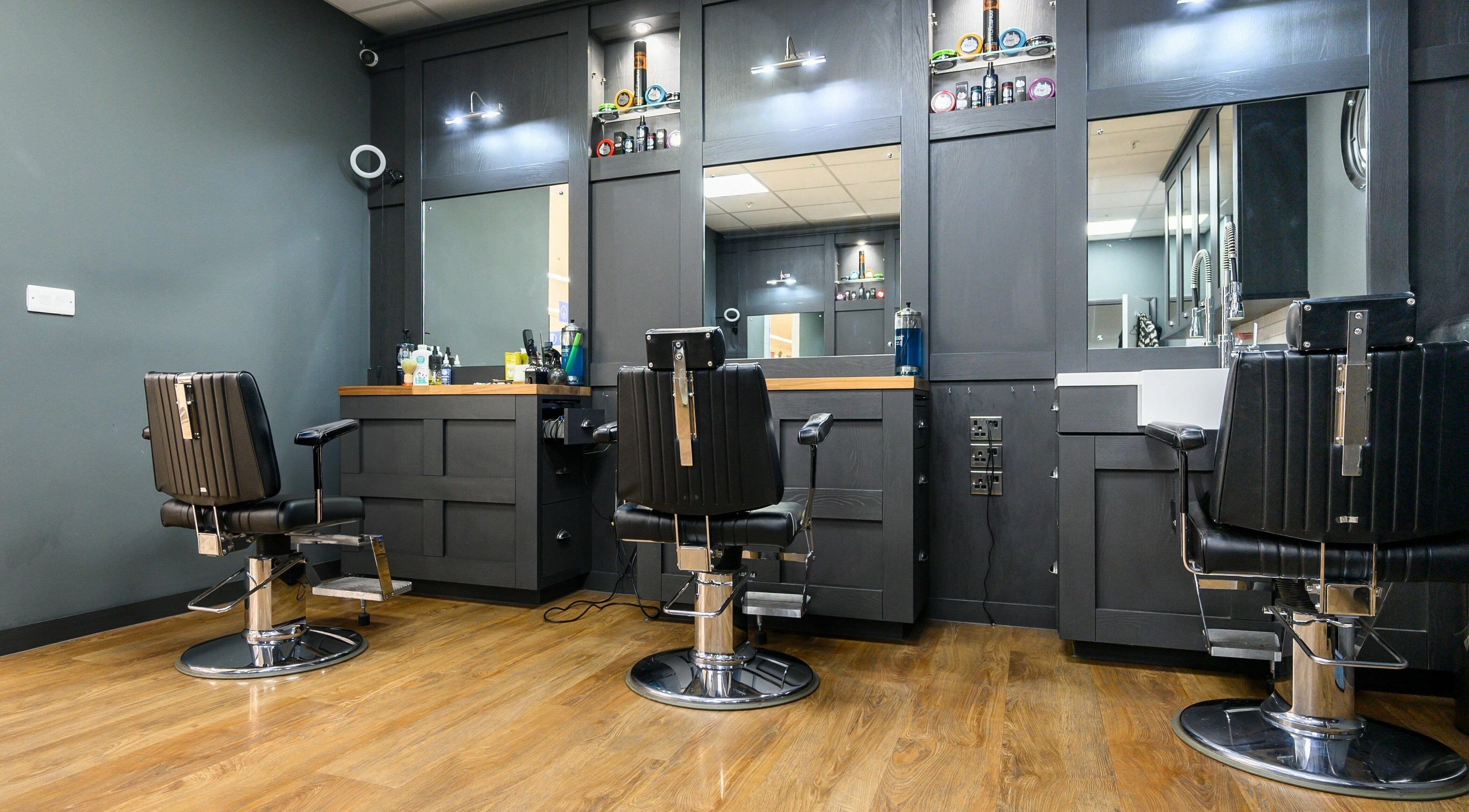 Modern barber chairs at Gould Barbers Burgess Hill, Burgess Hill, England, GB.