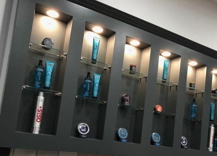 Sleek product display at Gould Barbers Basildon (Mayflower), Basildon, England, GB showcasing grooming items.