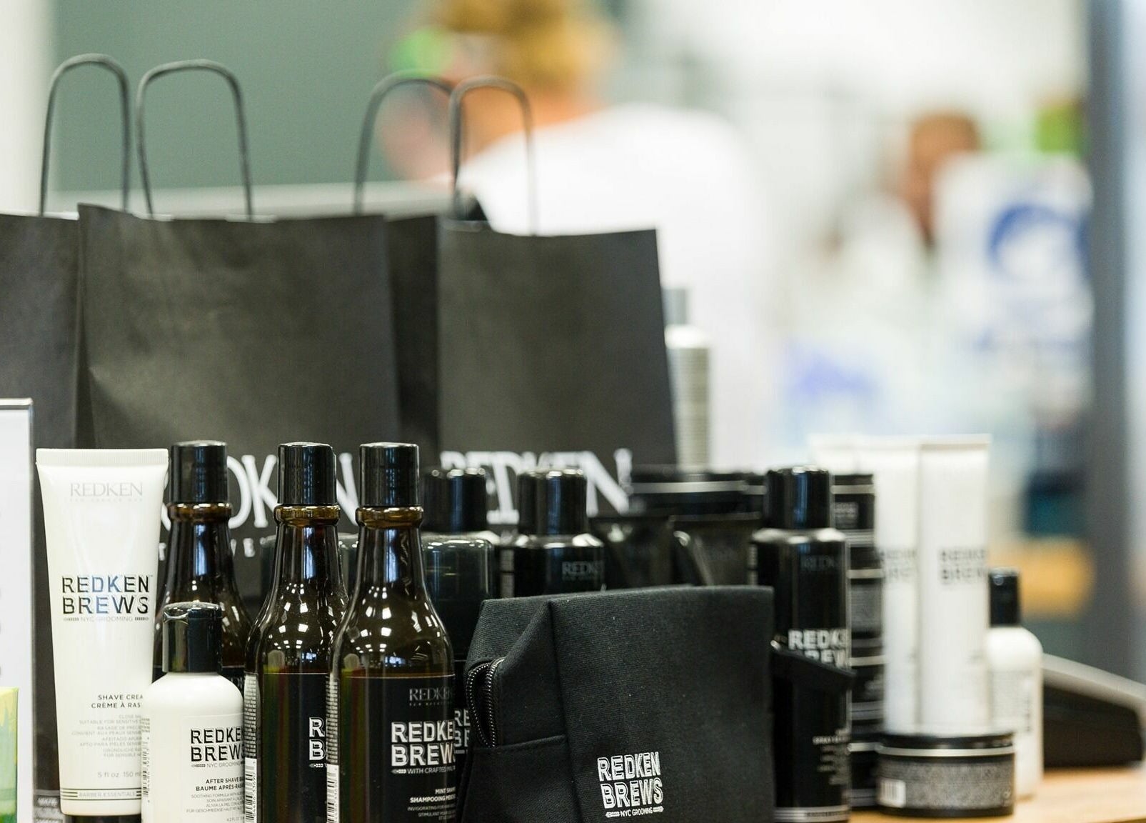 Redken products on display at Gould Barbers Sheffield, Sheffield, England, GB offering premium grooming services.