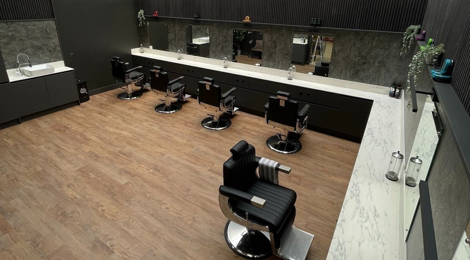 Modern barber chairs at Gould Barbers West Bromwich, West Bromwich, England, GB.