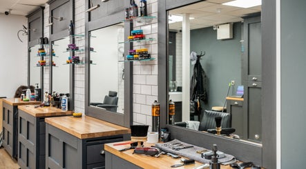 Gould Barbers Cheshunt styling stations with tools in Cheshunt, England, GB.