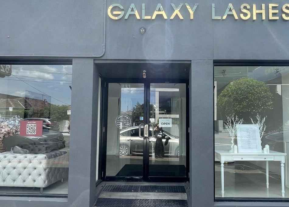 Entrance of Galaxy Lashes in Melbourne, Victoria, AU showcasing stylish decor and signage.