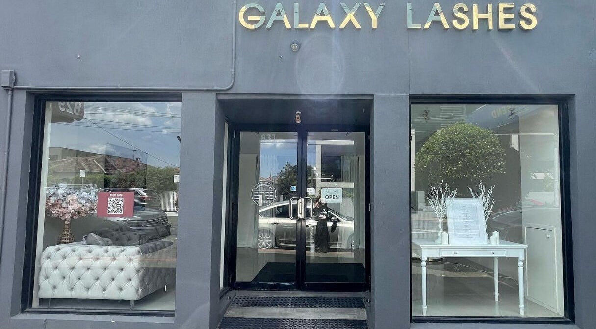 Entrance of Galaxy Lashes in Melbourne, Victoria, AU showcasing stylish decor and signage.