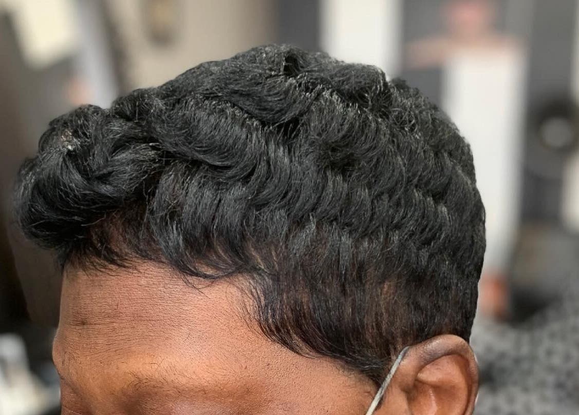 Elegant hairstyle with waves at Jay Fields - PhenomHair, Forney, Texas, US.