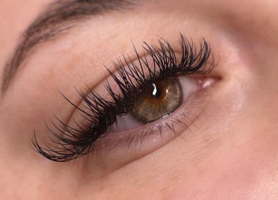 Close-up of eyelash extensions at Livvie’s Beauty Marlborough in Marlborough, England, GB.