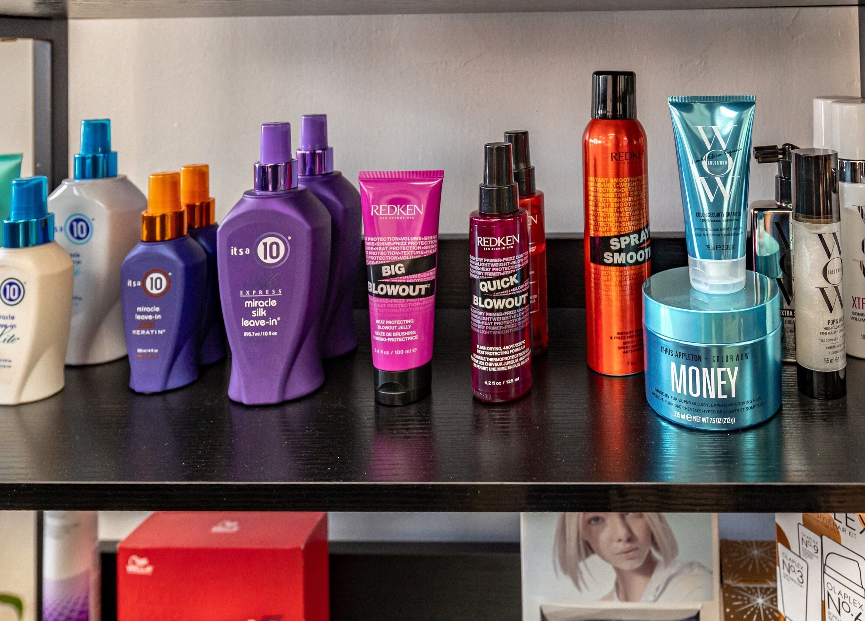Premium hair products on display at A&A Hairloft, Mineola, New York, US, showcasing styling excellence.