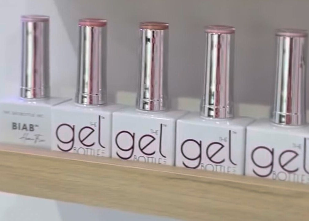 Gel polishes on display shelf at All About You, Wrexham Principal Area, Wales, GB.