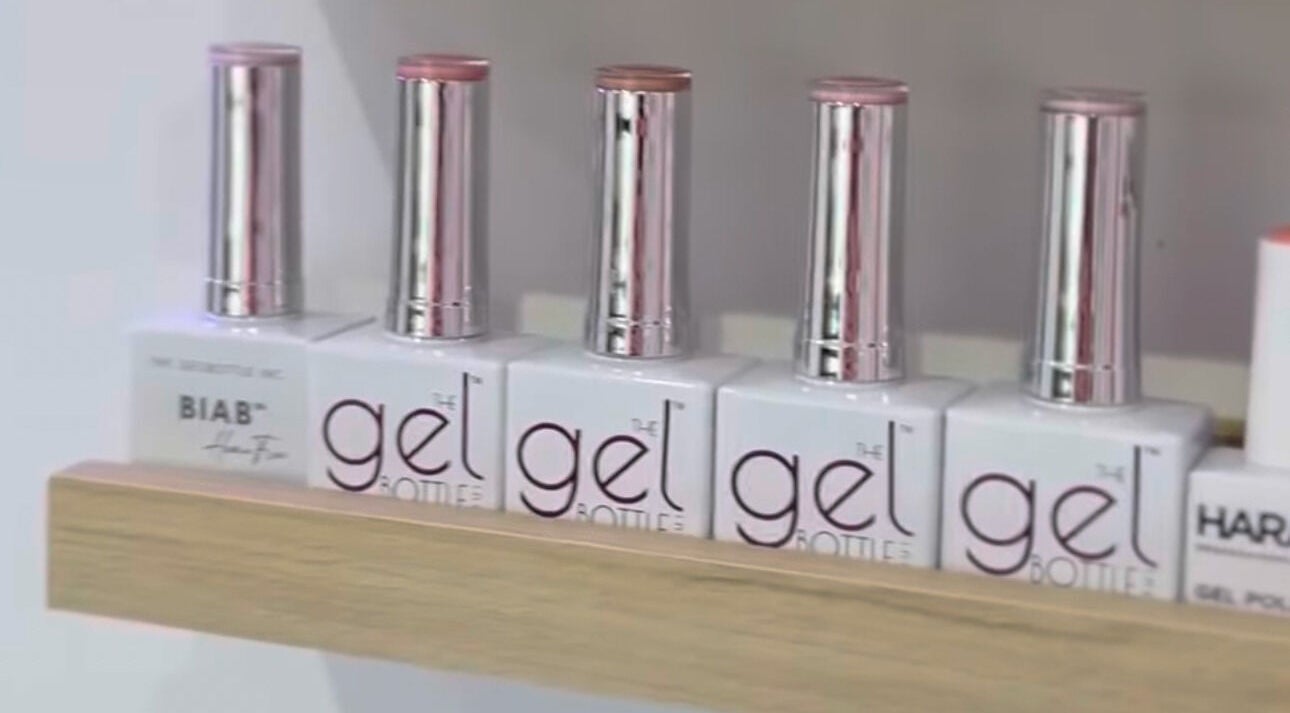 Gel polishes on display shelf at All About You, Wrexham Principal Area, Wales, GB.