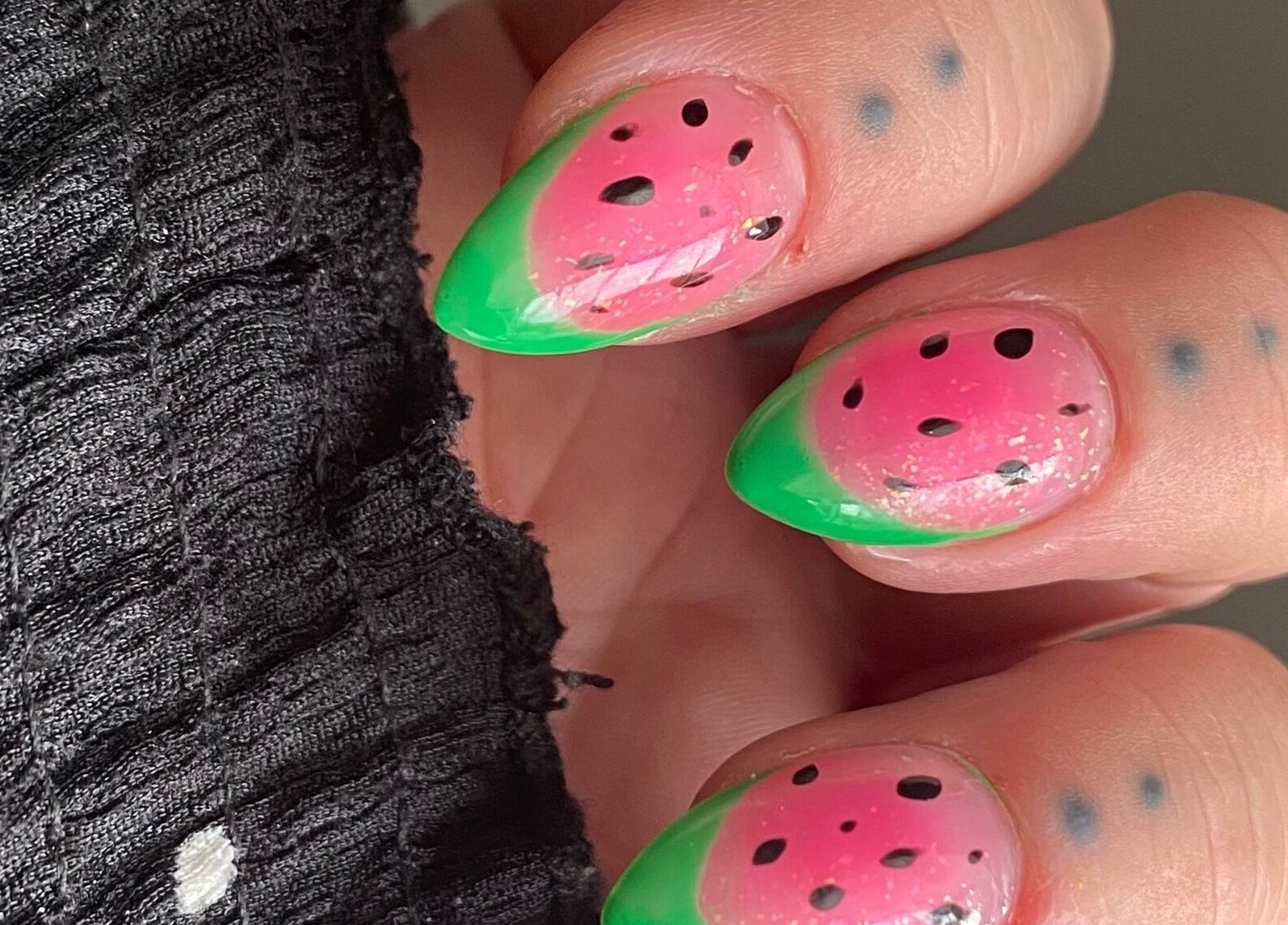 Creative watermelon nail art design at Nailed You By Lou, Stockport, England, GB.
