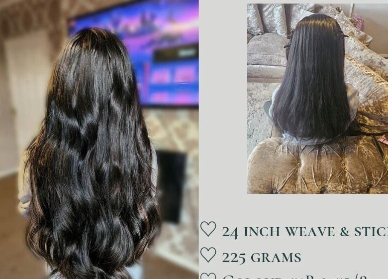 Long, glossy black hair extensions at Emily Grace Extensions in Billingham, England, GB, shown in salon setting.
