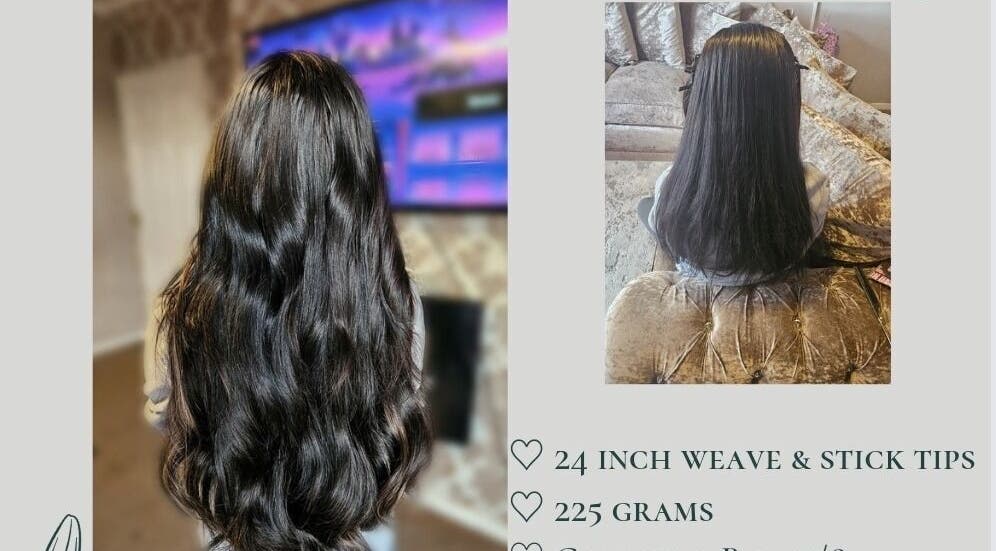 Long, glossy black hair extensions at Emily Grace Extensions in Billingham, England, GB, shown in salon setting.