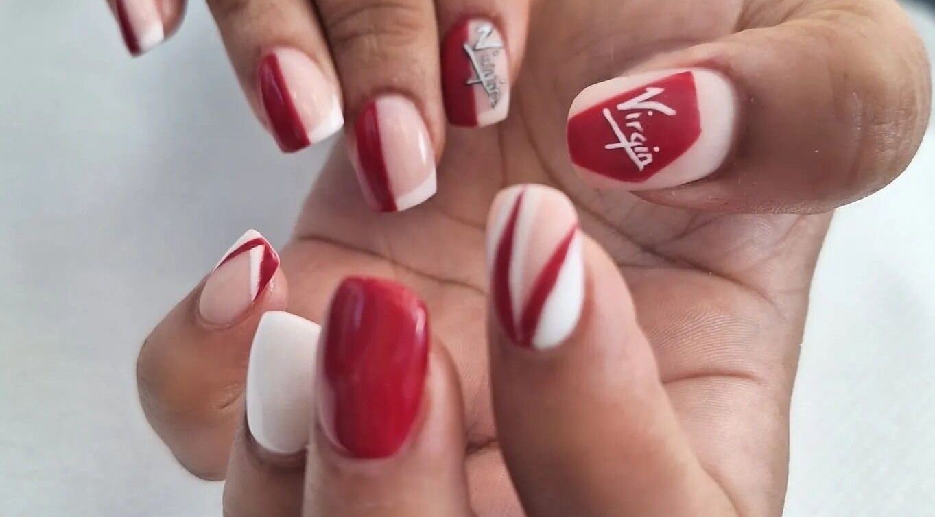 Stylish red and white nail art at michdylan, Benoni, Gauteng, ZA.